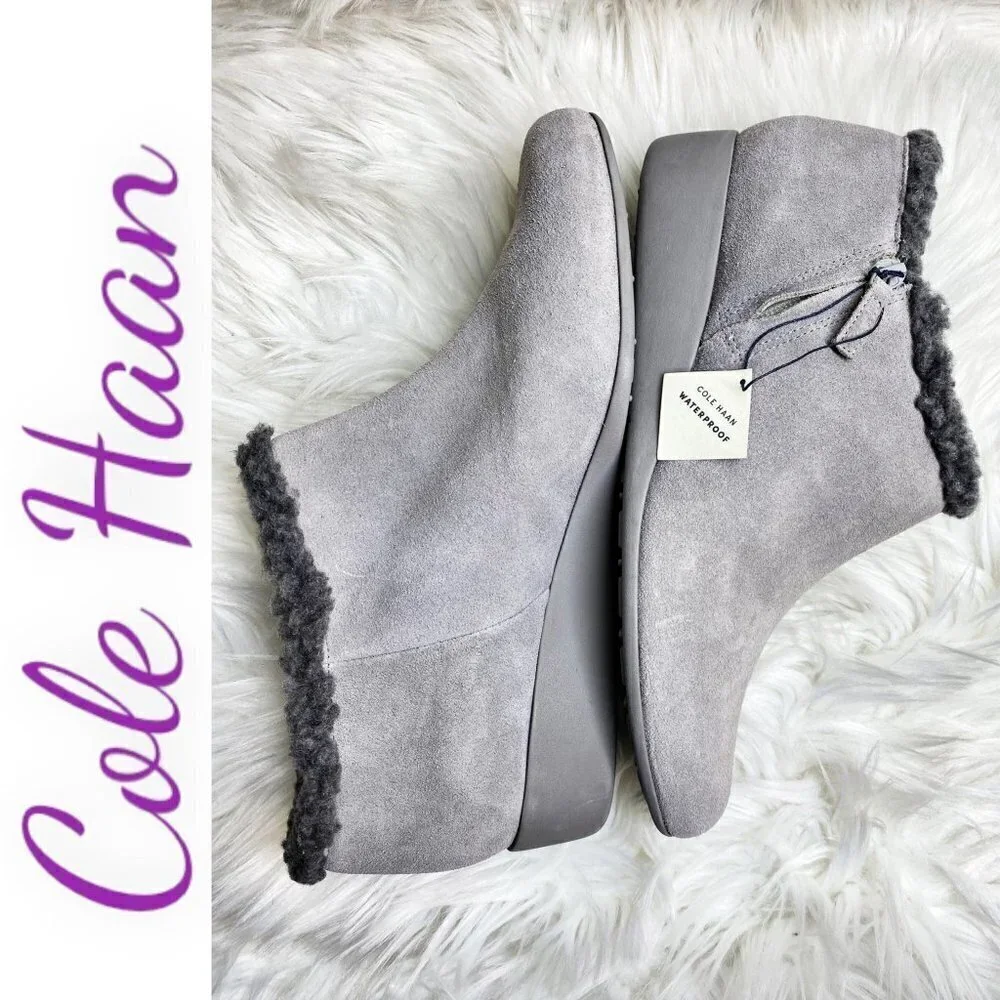 NWOB COLE HAAN Grand OS Callie Waterproof Suede Shearling Wedge Bootie‎ Gray, 10